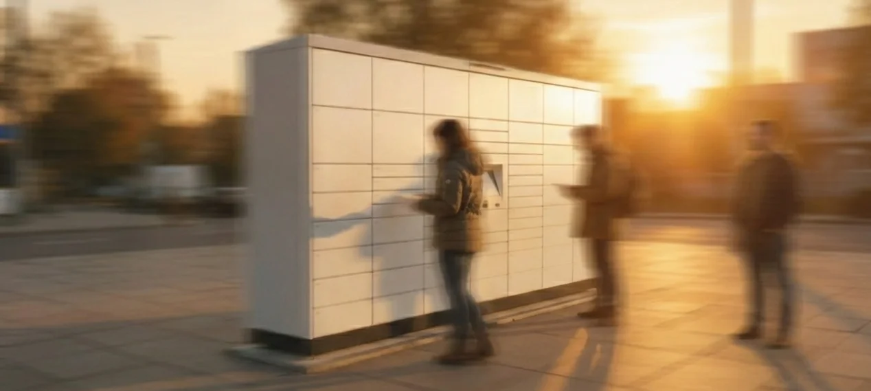 Person öffnet Smart-Locker mit Smartphone – kontaktlose Übergabe